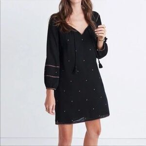 Madewell Black Mini  Dress Embroidered Festival Tassel Boho  Puff Sleeve S